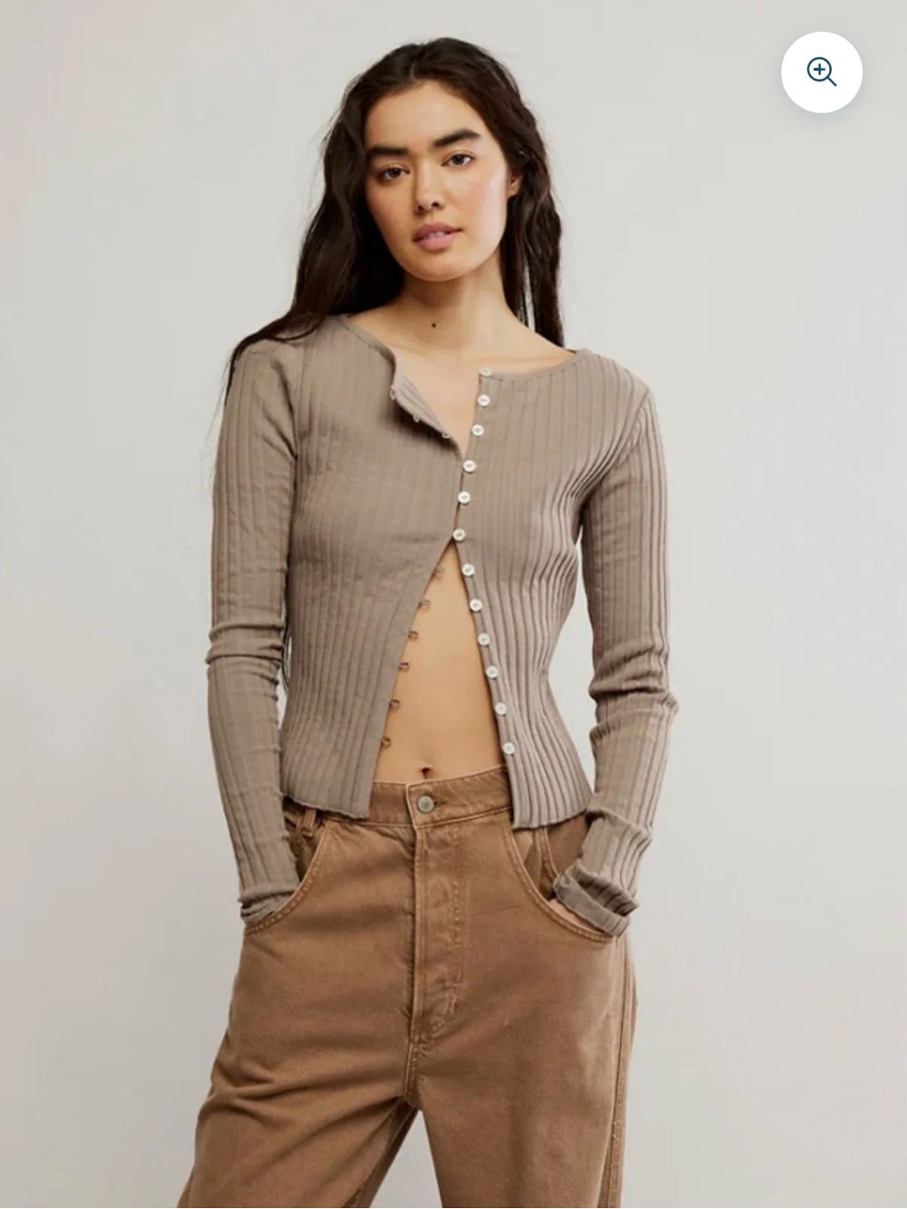 🐴 Free People Ribbed Button-Front Long Sleeve Cardigan in Taupe